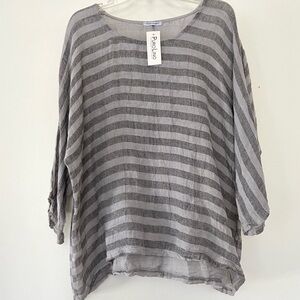 Puro Lino Linen Tunic Top Womens Size XL Gray Striped Beach Lagenlook Coastal